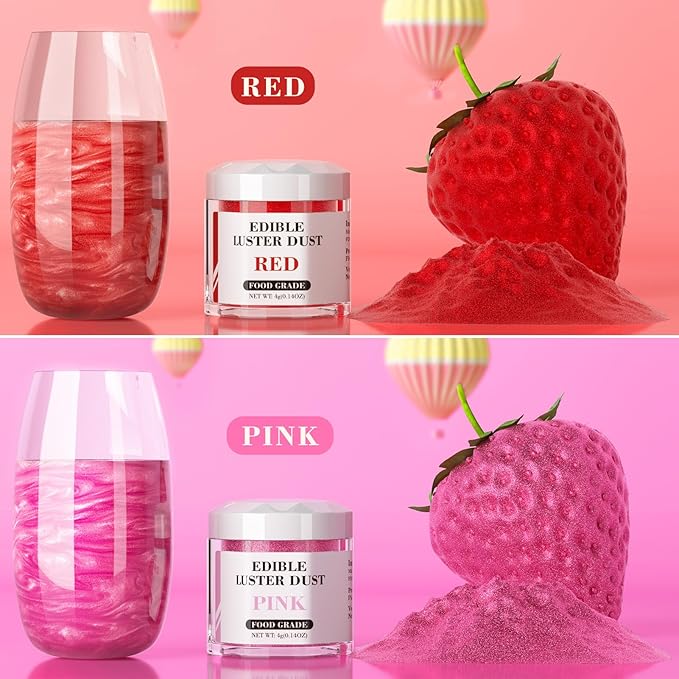Luster Dust Edible Set - 2 Colors Food Grade Cake Dust Shimmer Powdered, Cherrysea Powder Food Coloring for Cocktails, Cookie Decorations, Cake, Drinks, Fondant, Candy - 4g/Bottle - Red+Pink
