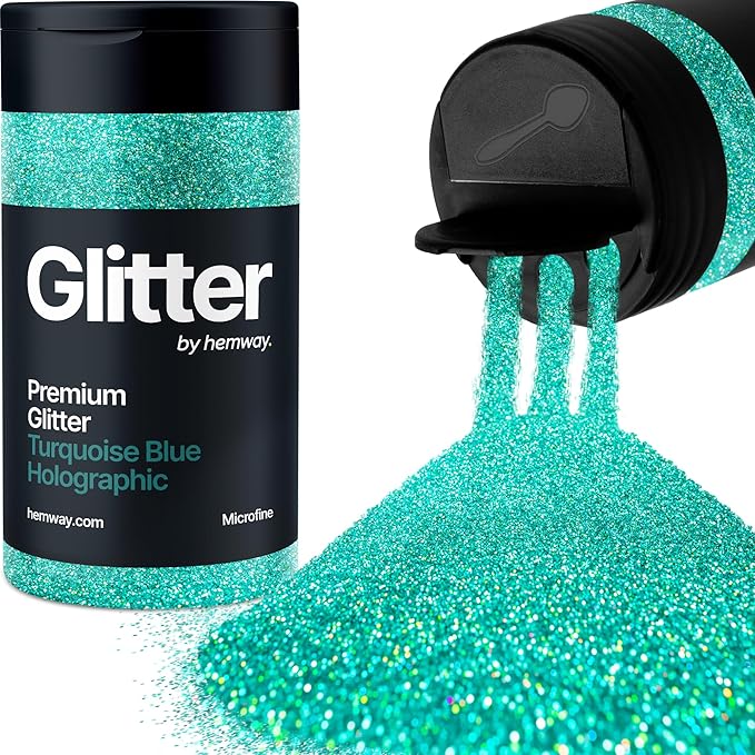 Hemway Premium Glitter Shaker - Turquoise Blue Holographic | Microfine Metallic Flake Sequins for Resin & Epoxy Crafts | Craft Supplies for Tumblers, Festival, Face, Body, Eye & Nail Art | 125 g