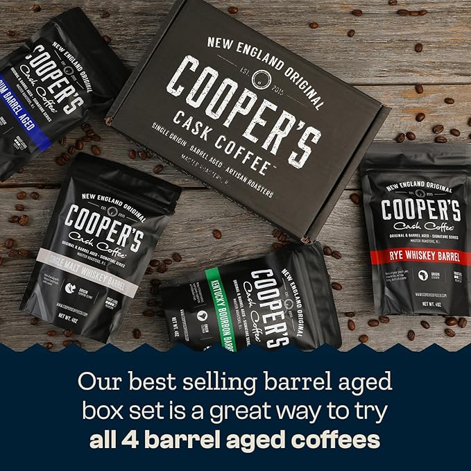 Bourbon & Whiskey Barrel Aged Coffee Box Set - 4-Bag Roasted Coffee Sampler - Bourbon Colombian, Malt Whiskey Sumatra, Rye Whiskey Ethiopian, Rum Barrel Rwanda, (Ground, 4 Ounce (Pack of 4))