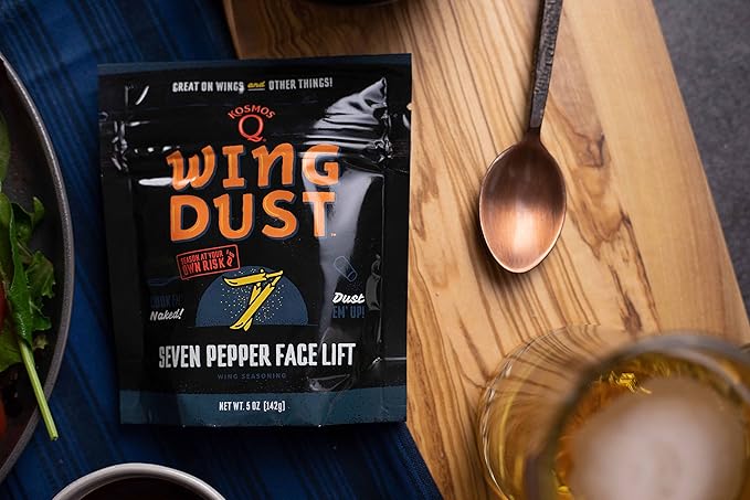 Kosmos Q Seven Pepper Face Lift Spicy Hot Wing Dust, Spicy Chicken Wing Seasoning for Chicken, Fries, Burgers, Queso, Beans & More, Flavorful Heat with 7-Pepper Blend Dry Rub Seasoning Dust, 5 Oz