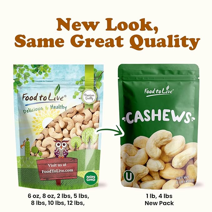 Food to Live - Raw Cashews, 2 Pounds Deluxe Whole Nuts, Unsalted, Unroasted Fancy Snack, Size W-320, Kosher, Vegan, Bulk, A good source of Magnesium, Phosphorus, Manganese & Copper