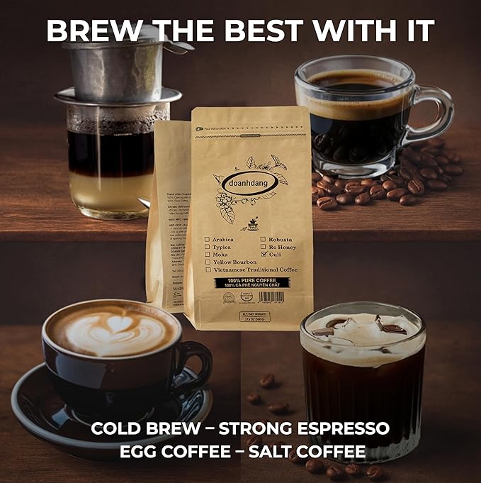 doanhdang - 17 Oz Premium Culi Ground Bean Coffee, 100% Culi Peaberry Medium Roast, Rich Flavor for Espresso Shot and Brew, Origin from Vietnam, Ground Med Roast Beans, Pack of 1, Phin Filter Included