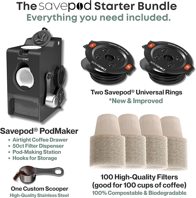 SavePod Coffee Pod Maker with Reusable Coffee Pods, Compatible with Keurig and K-Cup Coffee Machines, Smart, Easy to Use & Convenient ??Fits Most Brewers ??Includes Scoop & 100 Paper Filters (Black)