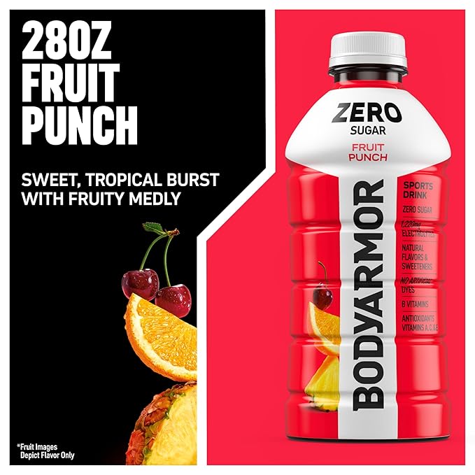 BODYARMOR ZERO Sugar Fruit Punch, Sugar Free Sports Drink - Low-Calorie Hydration - Natural Flavors with Potassium Packed Electrolytes, Antioxidants, and B-vitamins, 28 fl oz (Pack of 15)