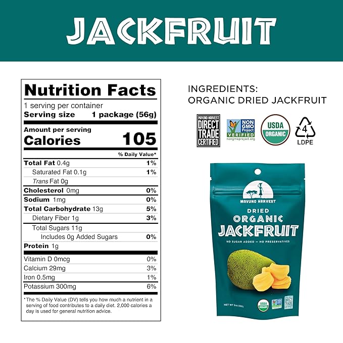 Mavuno Harvest Jackfruit Dried Fruit Snacks | Unsweetened Organic Dried Jackfruit Chips | Gluten Free Healthy Snacks for Kids and Adults | Vegan, Non GMO, Direct Trade | 2 Ounce, Pack of 6