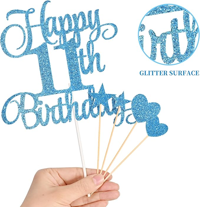 11th Birthday Cake Decorations, 11th Birthday Candles Cake Numeral Candles and Glitter Happy 11th Birthday Cake Toppers Set for Birthday Party Supplies (Blue)