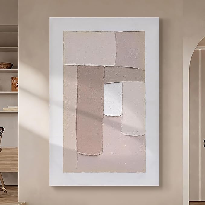 Artaanchuil Large Abstract Hand Painted Oil Painting - Beige White Textured Canvas Wall Art Geometry 30x45 Inch Vertical MInimalist Artwork for Living Room Wall Decor
