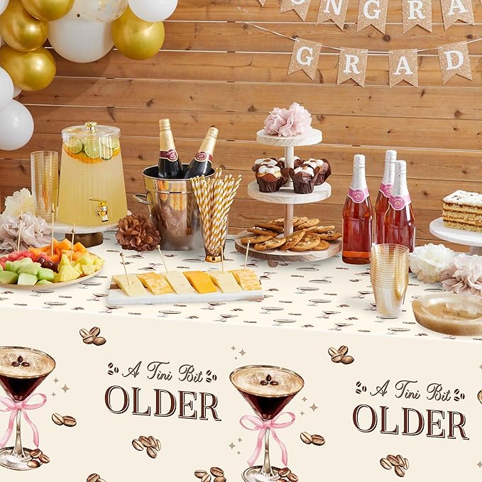 3Pcs Coffee Martini Tablecloths A Tini Bit Older Birthday Table Covers Coffee Espresso Martini Themed Plastic Disposable Rectangular Party Decorations Supplies for Birthday Bachelorette Party