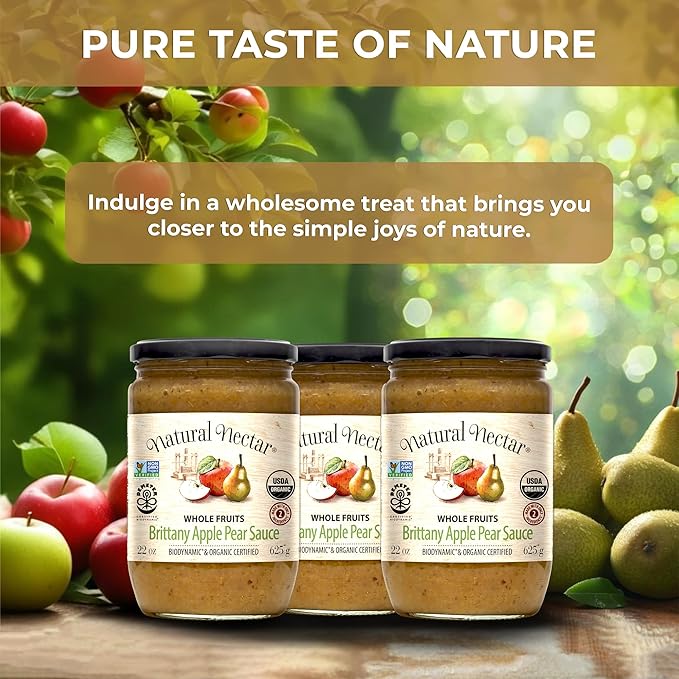 Natural Nectar Biodynamic & Organic Brittany Apple & Pear Sauce, Pack of 3 - Perfect for Breakfast, Snacks, or Desserts | USDA Organic Apple Sauce Certified, No Added Sugars ??22 oz Each