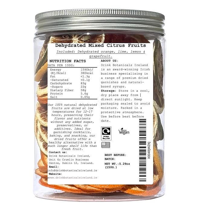 Drink Botanicals Ireland Mixed Dehydrated Citrus Fruits | Dried Orange, Lime, Lemon, Grapefruit Slices | 50+Slices | 100% Natural | Cocktail Garnishing, Wreath, Cakes | 5.29 oz,150G | Recyclable Jar