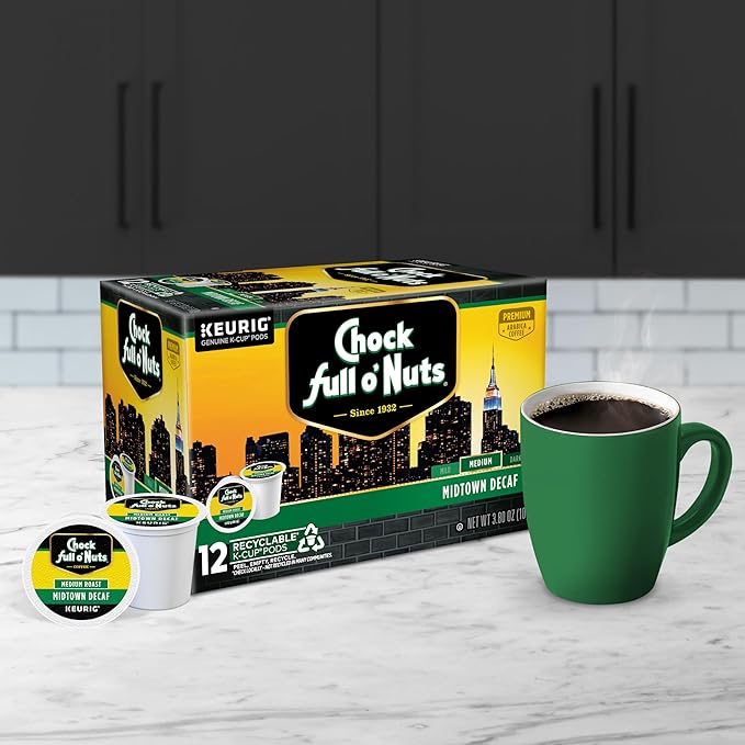 Chock full o’Nuts Midtown Decaf Keurig K-Cup Pods for Keurig Brewers – Premium Arabica, Medium Roast – Single Serve – 6 Packs of 12 K-Cup Pods