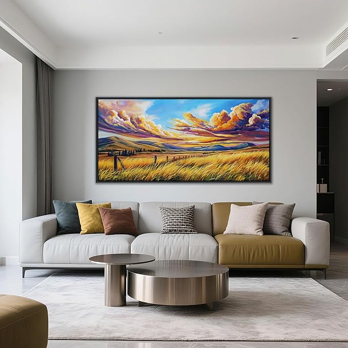 QZQCBLC Large Framed Wall Art, Rustic Grass Mountain Clouds Yellow and Blue Fall Landscape Canvas Print Wall Pictures Paintings Artwork for Living room Bedroom Home Office Artwork Decor 29x58 IN