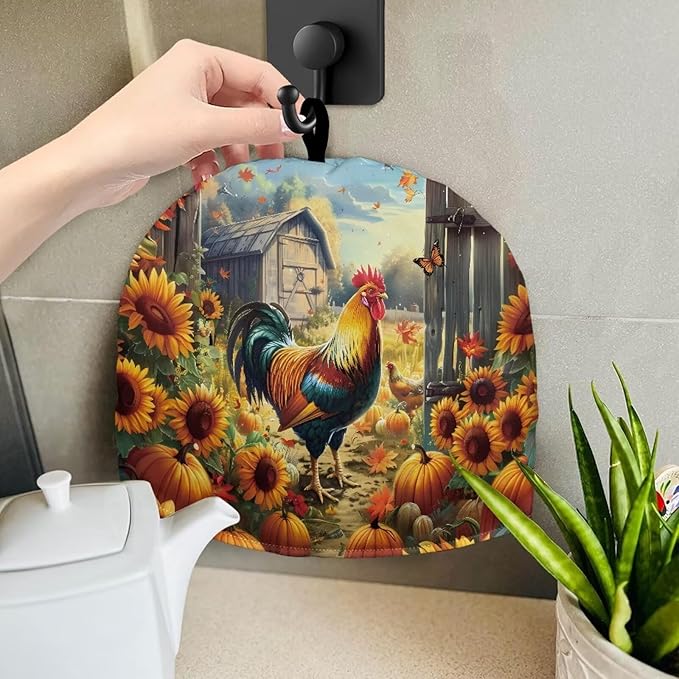 Rooster and Pumpkin Tea Cosy for Teapot Washable Tea Pot Cozy for Keeping Warm,Reusable Scratch Proof Kettle Cover for Breakfast Warmer