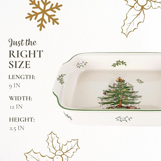 Spode Christmas Tree Rectangular Handled Dish (9" x 12") Baking & Seasonal Platters - Earthenware, Microwave & Dishwasher Safe - Festive Tableware for Holiday Entertaining & Christmas Dining