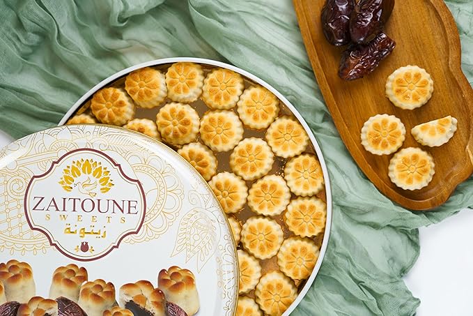 Zaitoune Date Maamoul - 18 oz | Middle Eastern Buttery Date Filled Cookies in a Beautiful Gift Tin | Luxury Authentic Arabic Pastry with Natural Fruit | Traditional Recipe & Handmade in Turkey