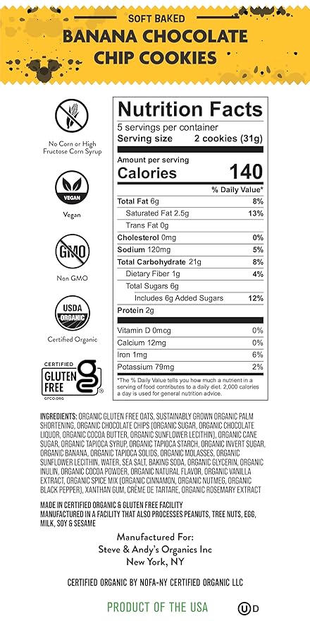 Steve & Andy?™s Soft Bake Chocolate Chip Banana Bread Cookies -Organic, Gluten Free, Non-Gmo, Vegan, Dairy Free, Nut Free, Egg Free, Wheat Free, Soy Free ??16.5 Oz, 3 Boxes (30 Cookies)