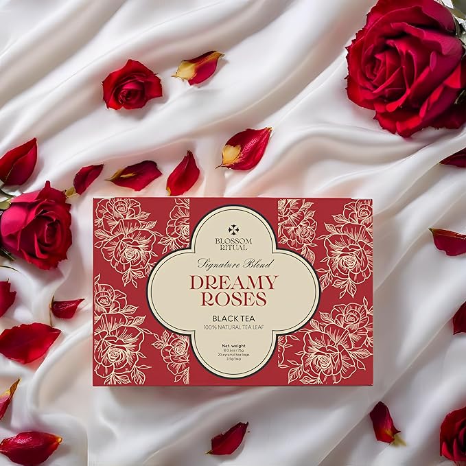 BLOSSOM RITUAL Dreamy Roses – Black Tea Loose Leaf – 20 Natural Based Pyramid Bags – Serve Upto 60 cups – Rose Petal Infused – Boost Focus & Relaxation – Resealable Zip Pouch| 2.65oz