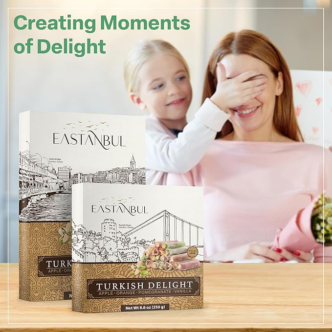 Eastanbul Turkish Delight, 17.6oz, Turkish Delights Candy Sticks Pistachio Filled w/ 4 Flavors: Apple, Orange, Pomegranate, Vanilla, International Candy, Wick Lokum, Vegan Gift