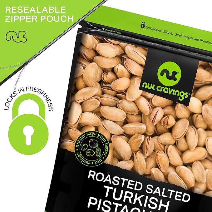 NUT CRAVINGS - Roasted & Lightly Salted Turkish Pistachios Antep (16oz - 1 LB) Packed Fresh in Resealable Bag - Nut Snack - Food Assortments