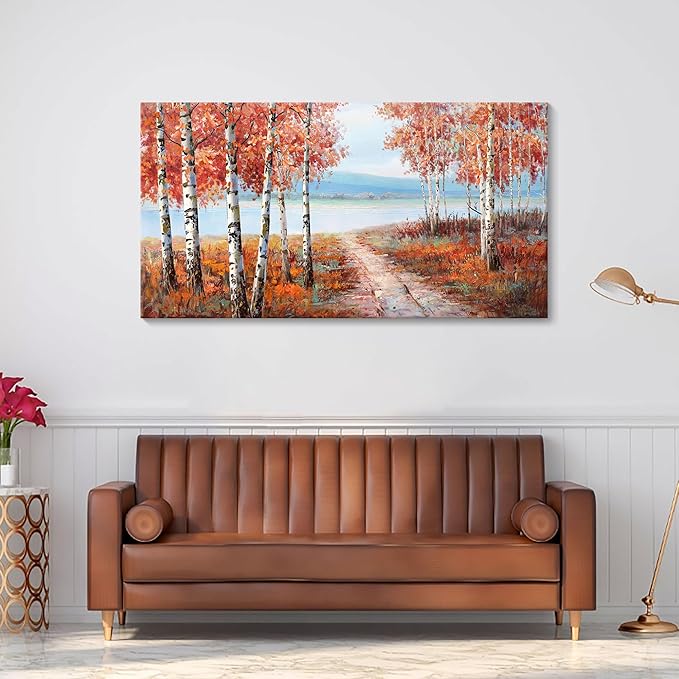 YDYSUNE Birch Tree Wall Art - Orange Large Canvas Wall Decor Forest Landscape Picture for Living Room Red Home Bedroom Decoration Tree Framed Painting Artwork Size 24X48Inch
