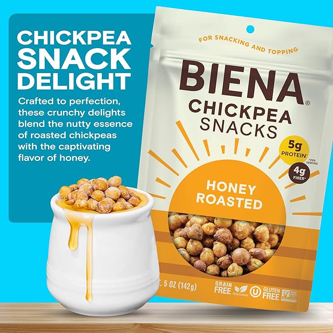 BIENA Chickpea Snacks - Crunchy Roasted Chickpeas - High Fiber Protein Snacks for Adults and Kids - 8-Pack, 5 Ounce Bags - Honey Roasted