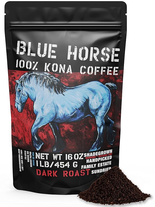 Blue Horse 100% Kona Coffee, Dark Roast Ground Arabica, 16 oz (1 lb) Bag. Farm Fresh Hawaiian Coffee, Smooth & Bold Flavor, Hand-Picked & Sun-Dried for Rich Aroma