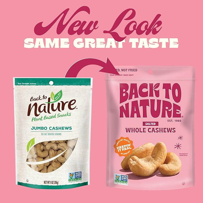 Back to Nature Jumbo Cashews - Dry Roasted with Sea Salt, Non-GMO High Protein Snacks, 9 Ounce