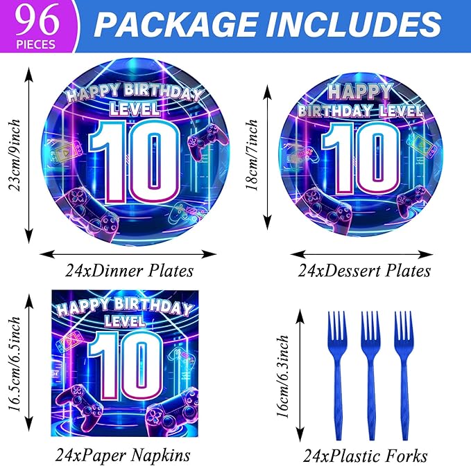 96Pcs 10th Birthday Video Game Plates and Napkins Gamer 10 Years Old Party Decorations Purple and Blue Level 10 Dessert Plates 10th Birthday Tableware for 24 Guests Boys Kids Gaming Party Supplies