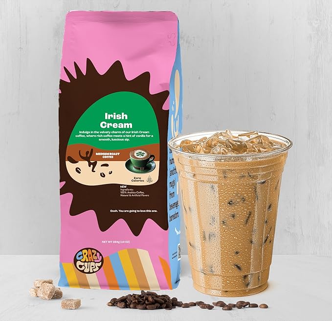 Crazy Cups Flavored Ground Coffee, Irish Cream Coffee in 10 oz Bag, For Brewing Hot or Iced