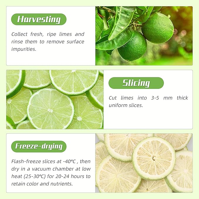 Haomly Freeze-dried Seedless Lime Slices,2.8oz(80g),Dehydrated Limes for Cocktails,Tea, Snacking, Baking, Smoothies, Garnishing, and Desserts,100% Natural Dried Limes.