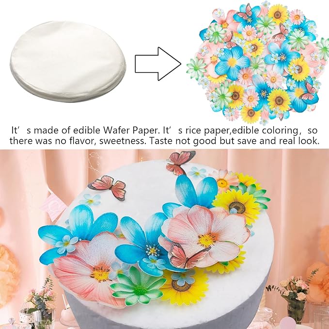 Morofme 55pcs Edible Flower Butterflies Cake Topper Wafer Paper Flower Cupcake Toppers Hawaiian Flower Cake Decorations Mixed Size for Tropical Luau Themed Birthday Baby Shower Party Supplies