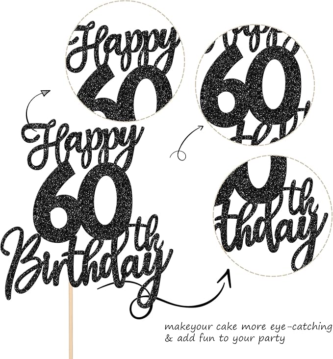 1 PCS Happy 60th Birthday Cake Topper Glitter Cheers to 60 Years Birthday Cake Pick Sixty Hello 60 Fabulous Cake Decoration for Happy 60th Birthday Anniversary Party Decorations Supplies Black