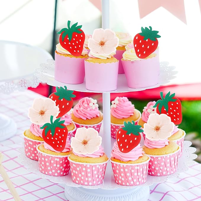 60 PCS Edible Strawberry Cupcake Toppers Wafer Paper Berry Strawberry Birthday Decorations Edible Flower Cupcake Picks for Baby Shower Wedding Birthday Party Cake Food Decorations Supplies
