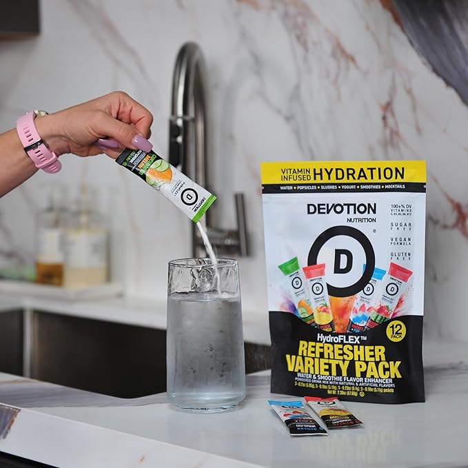 Devotion Nutrition HydroFLEX Water Flavoring Packets ??Sugar-Free Hydration with Vitamins & Electrolytes ??Dye-Free, Gluten-Free (Strawberry Watermelon) 12-Pack Drink Mix