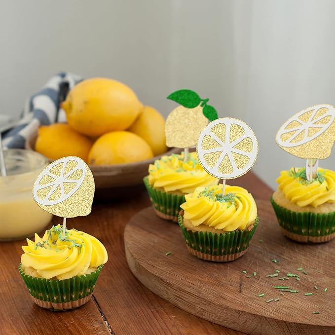 24Pcs Lemon Cupcake Toppers Glitter Flower Ring Fruit Bridal Shower Cupcake Picks for Lemonade Engagament Party Baby Shower Birthday Party Cake Decorations Supplies