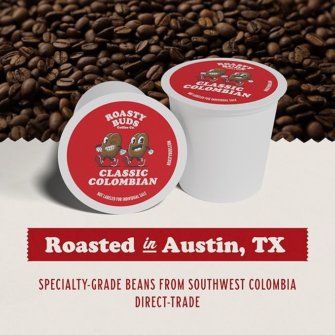 Roasty Buds Coffee Classic Colombian Pods 18 Count | Single-Serve 11g Per Pod | Recyclable, Gluten-Free, Non-GMO, No Sugar/Dairy/Soy/Egg (18 Count, Classic Colombian)