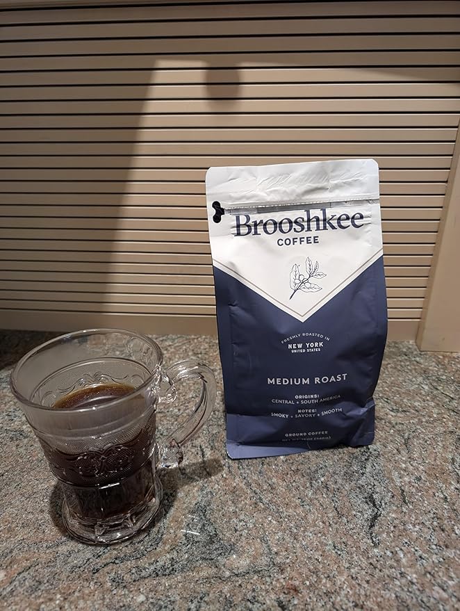 Brooshkee Specialty Coffee - Medium Roast Ground Coffee, Central & South American Blend, Smoky & Savory, 12 oz. Upscale quality without the upscale price