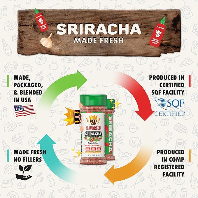 Sriracha Seasoning Mix, 2 Bottles by Flavor God - Premium All Natural & Healthy Spice Blend for Veggie Frittata, Toast, Chicken & Meat - Kosher & Low Sodium - Great Flavor Spices and Seasoning Gift