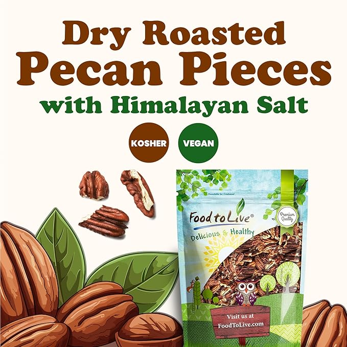 Food to Live Dry Roasted Pecan Pieces with Himalayan Salt, 1 Pound ??Oven Roasted, Lightly Salted, No Oil Added, Perfect for Cooking, Baking and Snacking, Vegan, Kosher, Bulk