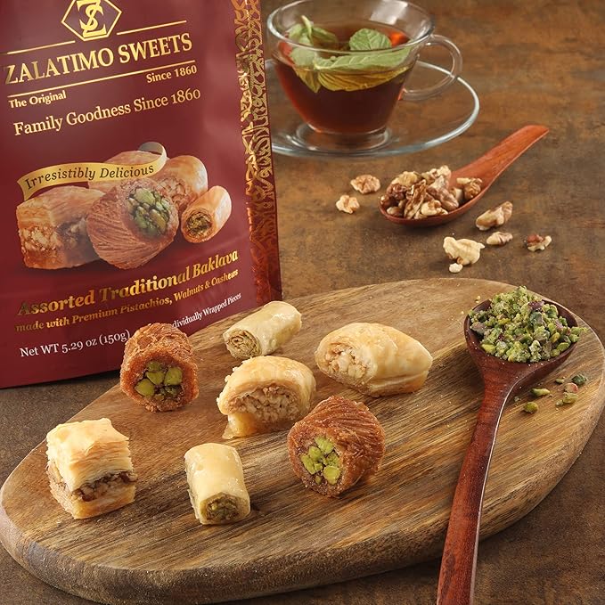 Zalatimo Sweets Since 1860, 100% All-Natural Assorted Baklava, Slightly Sweet, No Preservatives, No Additives, No Corn Starch, No Syrups! 5.3oz