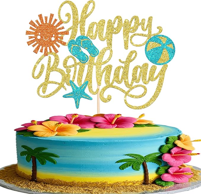 Rsstarxi 1 Pack Summer Beach Happy Birthday Cake Topper Slippers Sun Umbrella Starfish Summer Pool Cake Pick for Hawaiian Holiday Pool Theme Birthday Party Cake Decorations Gold
