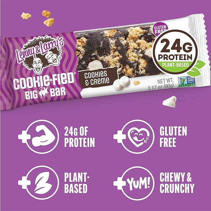 Lenny & Larry's Cookie-fied BIG BAR ??Cookies and Creme Vegan Protein Bars 12x90g ??Healthy Snacks, 24g Plant Protein & 10g Prebiotic Fiber ??Gluten free Power Bar, Keto Friendly & Vegan