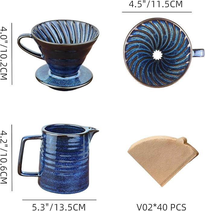 Pour Over Coffee Maker,Ceramic Coffee Maker With 40 pcs V60 Paper Filter竊?5oz/450ml Pour Over Coffee Dripper (Starry Blue, V02)