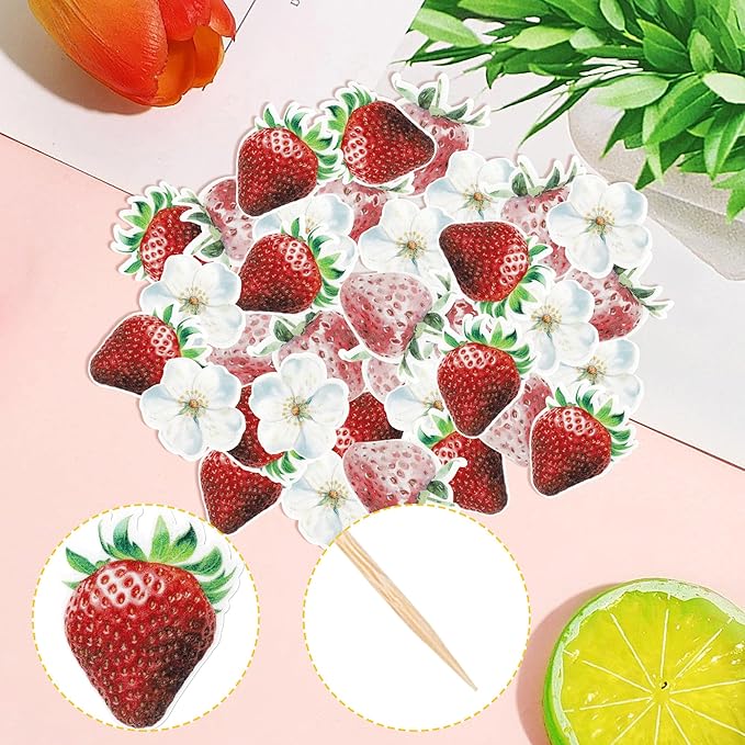 60 Pack Edible Sweet Strawberry Flower Cupcake Toppers First Birthday Strawberry Flower Cake Toppers Rice Paper Wafer Paper Cake Picks for Fruit 1st Berry Sweet Kids Birthday Cake Decorations