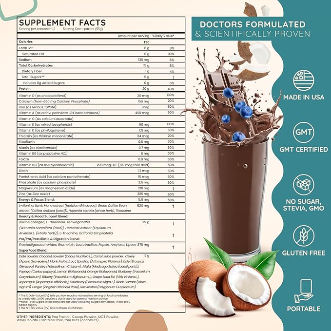 SuperFood Meal Replacement for Women - All-In-One Protein Powder with Greens & Vitamins & Collagen | Chocolate Protein Shake & Supplement Snack for Women's Health, Energy, Focus, Beauty, Mood, No Added Sugar (1 Sample Packet, Chocolate)
