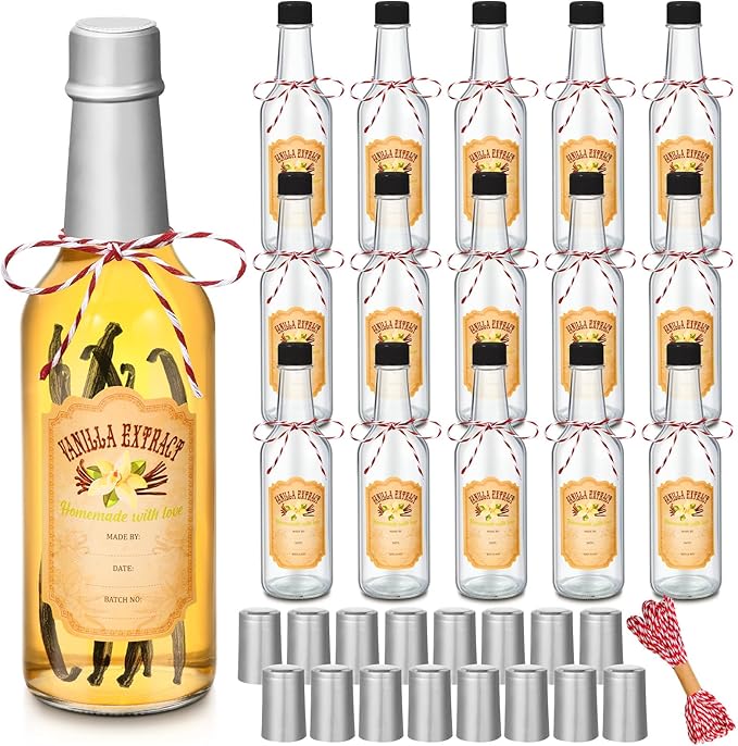 Tioncy 16 Pcs Vanilla Extract Bottles for Homemade Vanilla Jar Glass Bottle with Cap, Shrink Band, Sticker Syrup Gift Food Storage Canister for Bean Sauce Spice(Silver,8.5 oz)