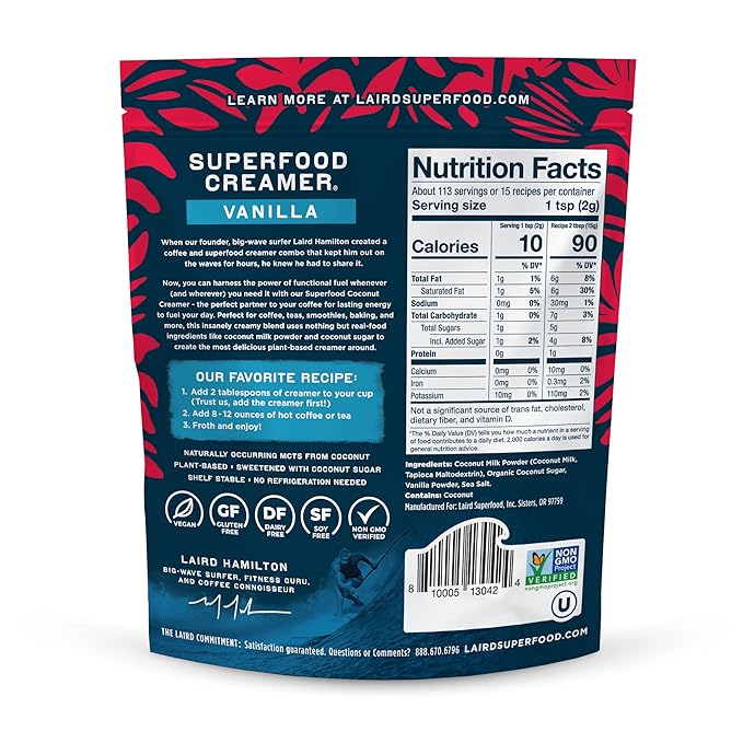 Laird Superfood Non-Dairy Original Superfood Vanilla Coconut Powder Coffee Creamer, Gluten Free, Non-GMO, Vegan, 8 oz. Bag, Pack of 1