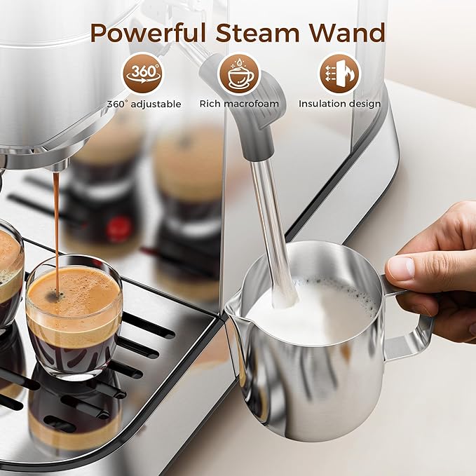 Kndko 20 Bar Espresso Machine, Professional Espresso Maker with Milk Frother Steam Wand, Compact Stainless Steel Coffee Machine with 40.5oz Removable Water Tank for Cappuccino, Latte