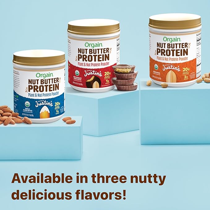Orgain X Justin's 짰 Organic Vegan Nut Butter Protein Powder, Chocolate Peanut Butter- 20g Plant Protein, 1g Sugar, Gluten Free, No Dairy, Soy Ingredients, or Artificial Flavors, 1.17 lb