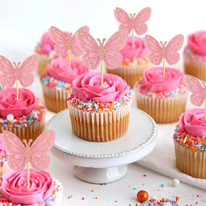 24PCS Butterfly Cupcake Toppers 3D Double Layers Hollow Cupcake Picks Baby Shower Cake Decorations Supplies for Butterfly Theme Wedding Anniversary Baby Shower Party Pink